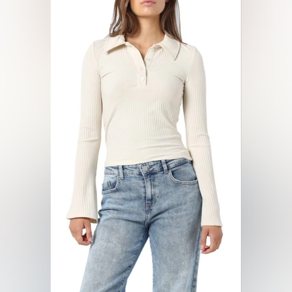 Noisy May Clara Ribbed Long Sleeve Polo Collar Top Sz X-Small NEW Pearled Ivory